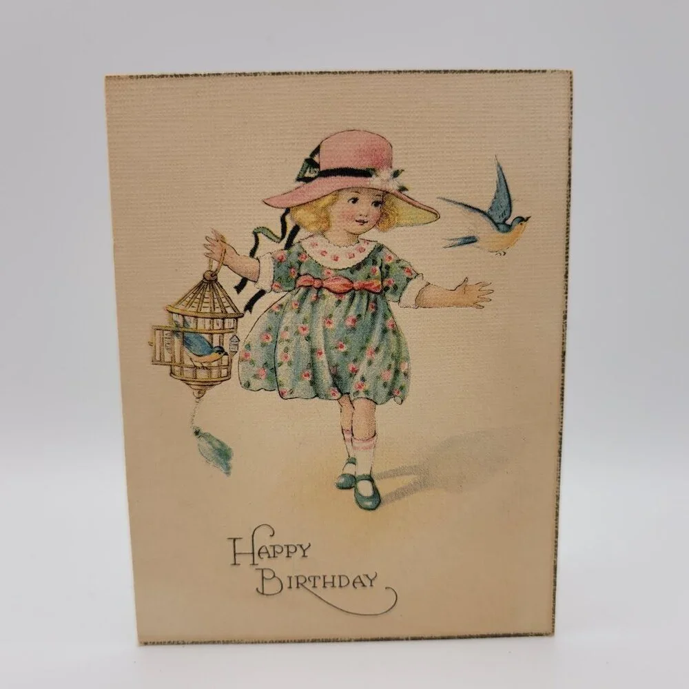 Vintage Happy Birthday Card Girl Bird Illustration Sentimental‎ Poem Crafting